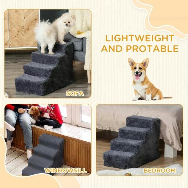 Four-Step Dog Stairs, with Washable Plush Cover, for High Bed Sofa, Dog Stairs for Small Dog and Cat - Dark Grey