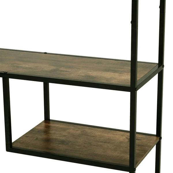 Black metal bookshelf frame with rustic brown shelves, close-up of shelf support bars