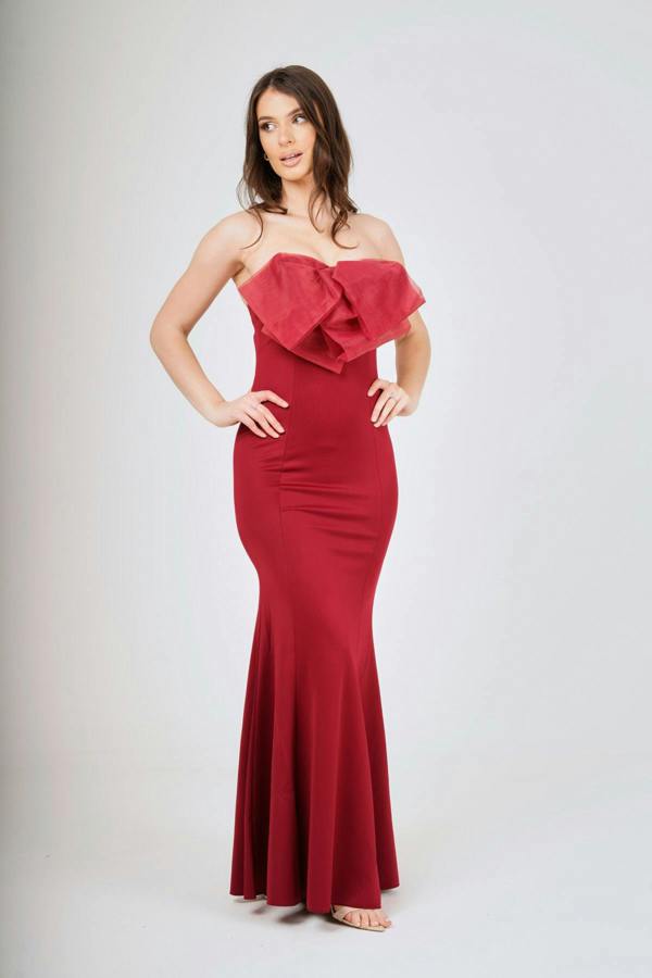 LuvForever Wine Off- Shoulder Bow-Tie Maxi Dress