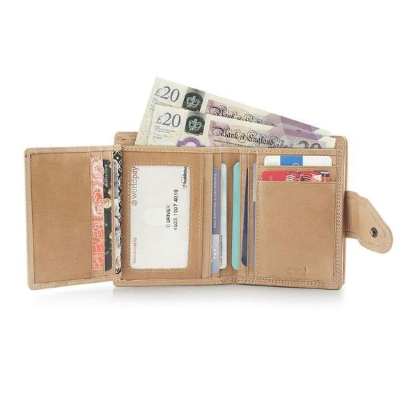 Interior of sand Paloma trifold purse showing card slots and compartments with RFID protection