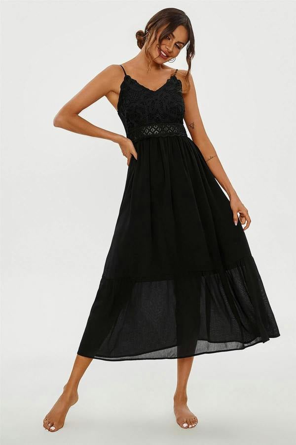FS Collection Lace Embroidery Anglaise Maxi Slip Dress In Black