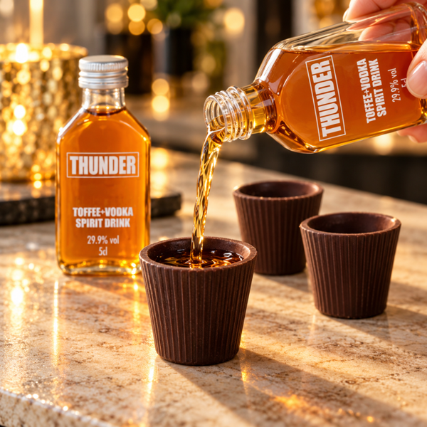 Chocoshot 6 Chocolate Shot Glasses with 2 Thunder Toffee + Vodka Spirit Drink L'chaim Gift Set