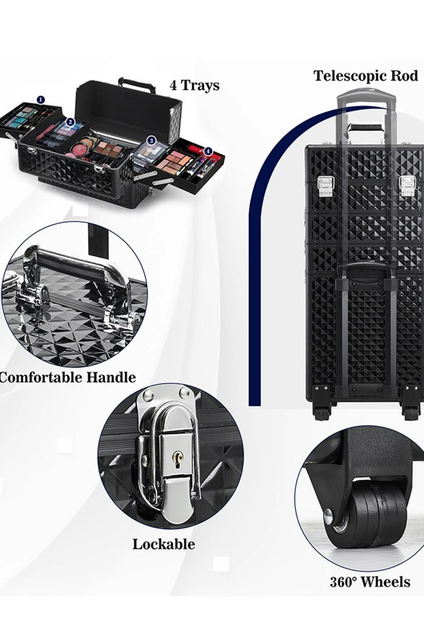 Living and Home 4 in 1 Professional Rolling Cosmetic Train Case Trolley Case Beauty Storage Box for Hairdressing Beauty