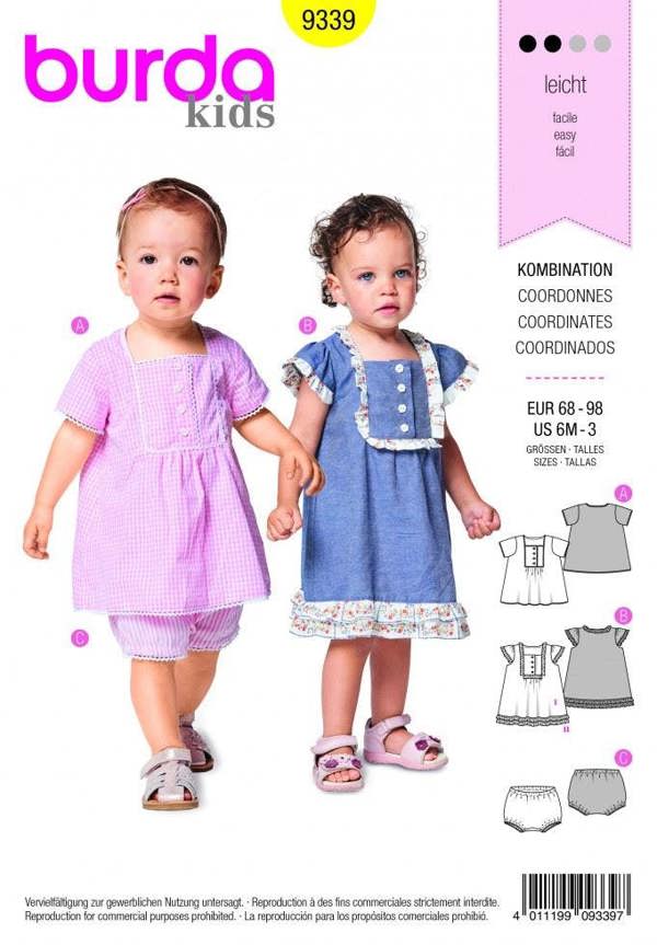 Burda Sewing Pattern 9339 Tops, Dresses and Shorts For Kids, 6 - 3 Months - Easy