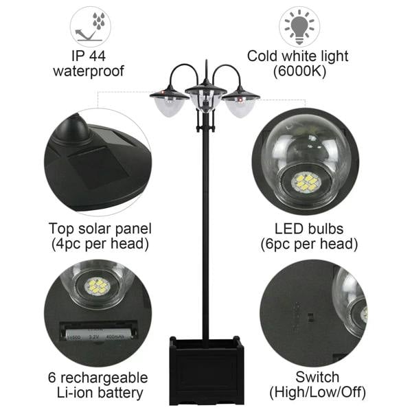 Black 3-head solar street lamp with IP44 waterproofing and cold white LED lights
