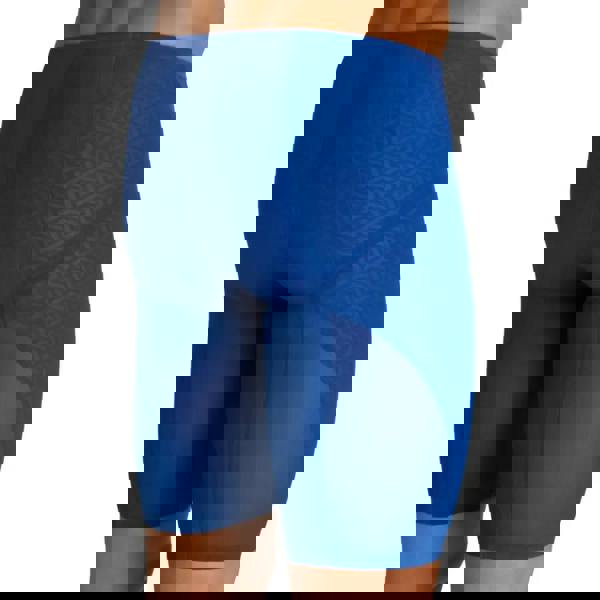 Ocean blue Arena Powerskin Carbon Glide Jammer with royal blue shorts and geometric back pattern