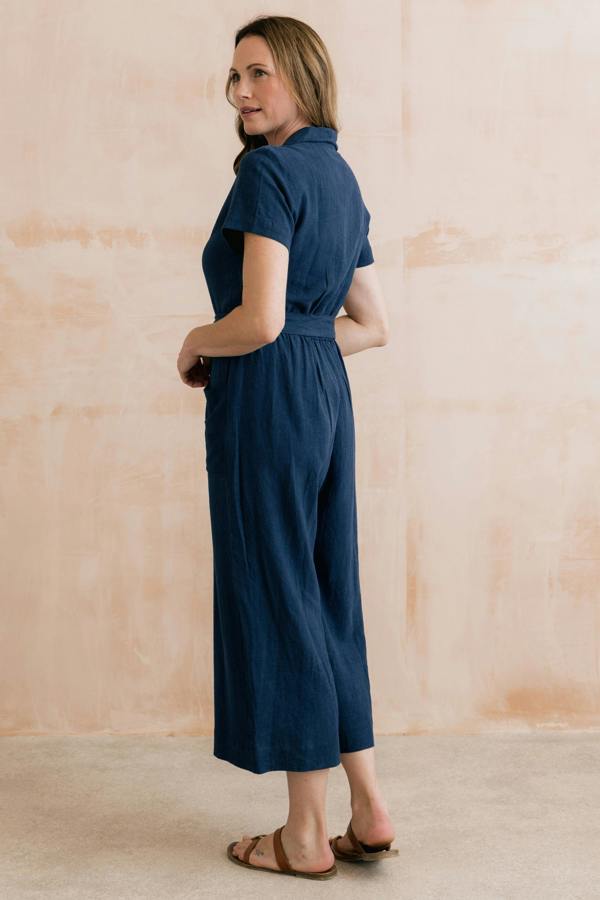 Lily & Me Josie Linen Blend Cropped Jumpsuit Navy