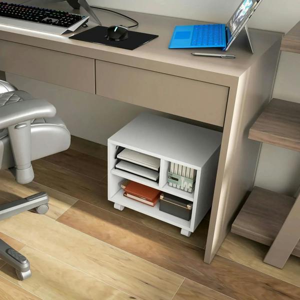 White printer cabinet under desk with open storage cubby and caster wheels