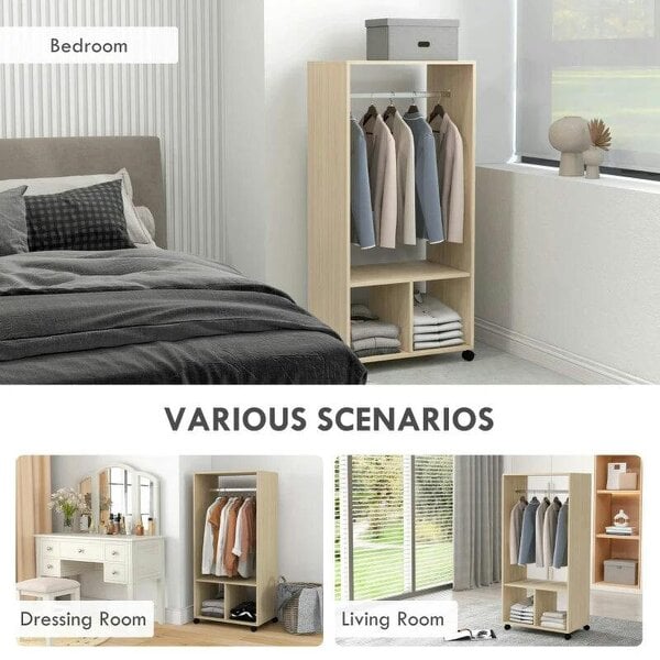Open Wardrobe on Wheels, Bedroom Wardrobe with Clothes Hanging Rail, 2 Storage Shelves, Mobile Garment Rack for Cloakroom, Hallway, Natural