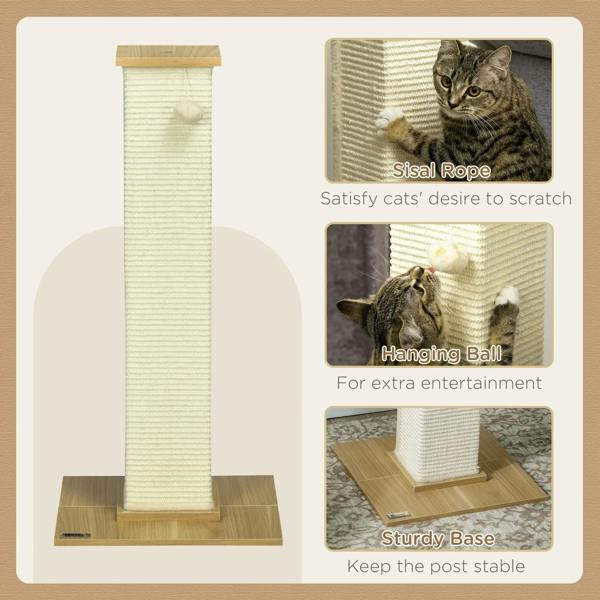 Cream sisal scratching post with hanging ball and sturdy wooden base