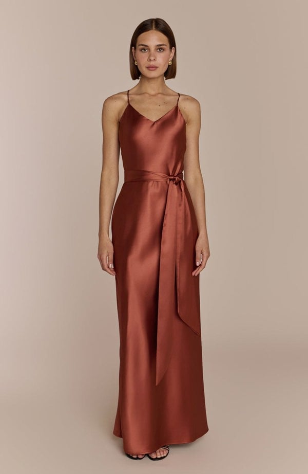 Rewritten London Brooklyn Dress in Terracotta Satin