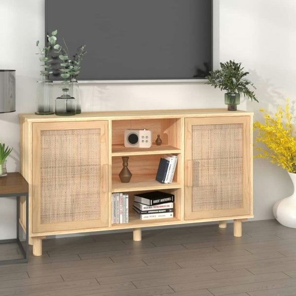 Berkfield Sideboard Brown 105x30x60 cm Solid Wood Pine and Natural Rattan