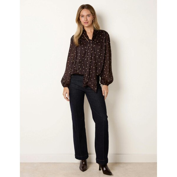 Blue Vanilla Metallic Polka Dot V Neck Tie Puff Ball Blouse