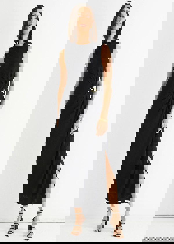 Gini London Black Waist Ruched Metal Trim Sleeveless Midi Dress