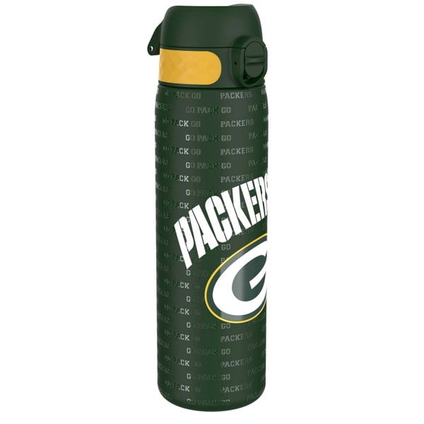 A dark-green water bottle, featuring the Green Bay Packers logo and "Go Pack Go" repeated, stands against a white background.