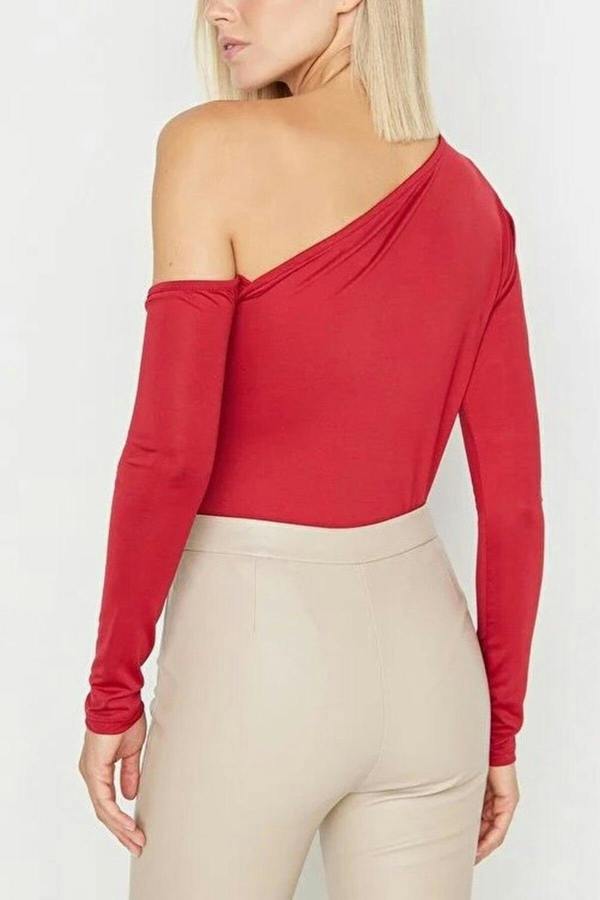 WOVCOR Asymmetrical Collar Long Sleeve Knit Bodysuit