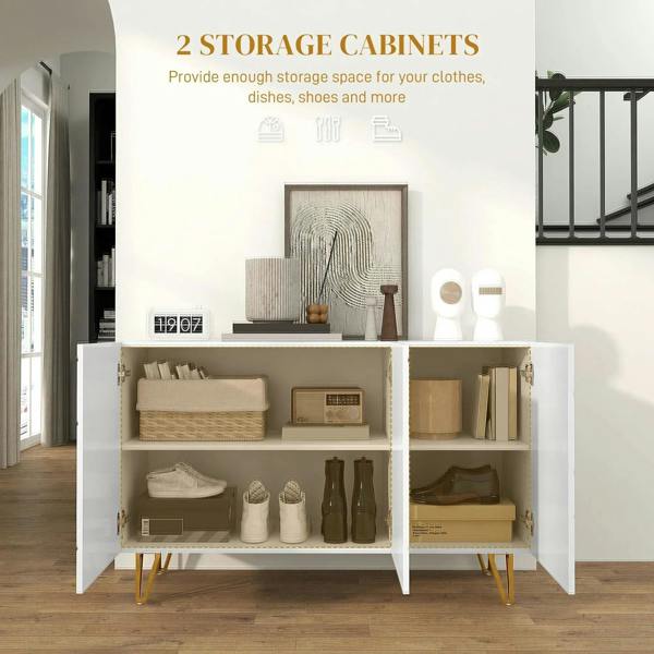 White high-gloss sideboard with two open storage sections and gold hairpin legs