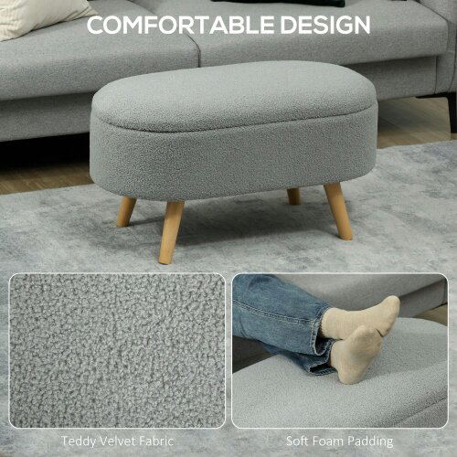 Wyld Haus Mael Boucle Light Grey Storage Ottoman Teddy Fleece Natural Wooden Legs