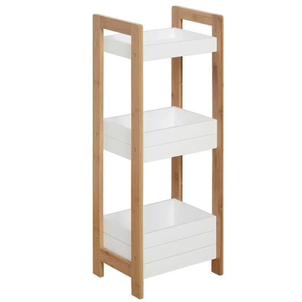 Bamboo bathroom storage shelf rack with three white tiers, open sides