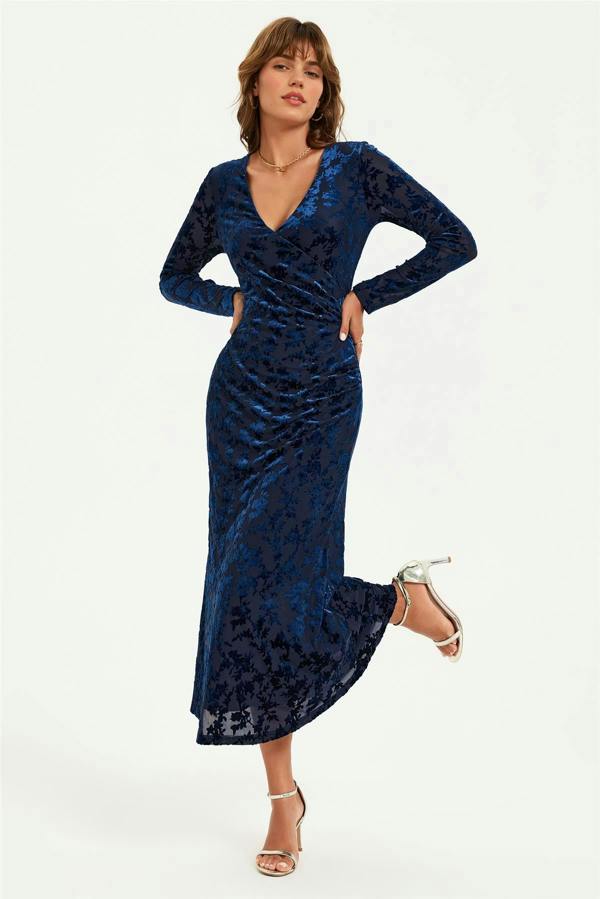 FS Collection Floral Velvet Devore Long Sleeve Wrap Midi Dress In Navy