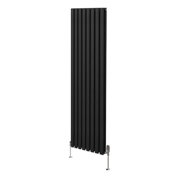 Sleek black oval column radiator measuring 1800mm x 480mm with vertical fins and stylish valves, perfect for modern interiors