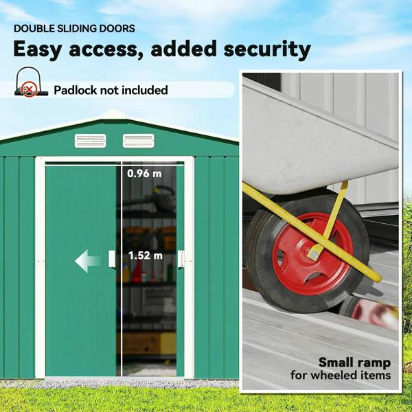 Green metal garden shed double sliding doors with padlock-ready security feature
