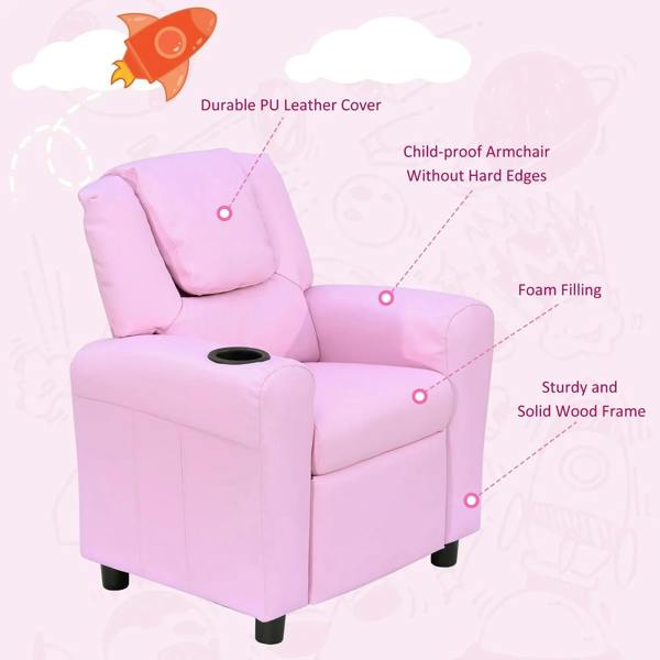 Pink kids recliner chair with rounded arms, padded headrest and cup holder