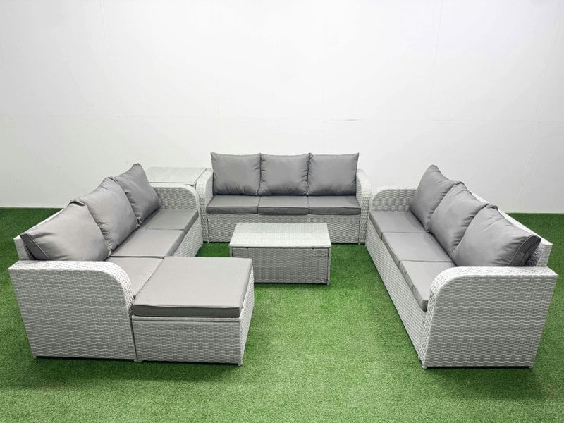 Fimous 10-Seater Light Grey PE Rattan Outdoor Lounge Set | Rectangular Coffee Table, 3-Seater Sofa, Large Footstool, Side Table