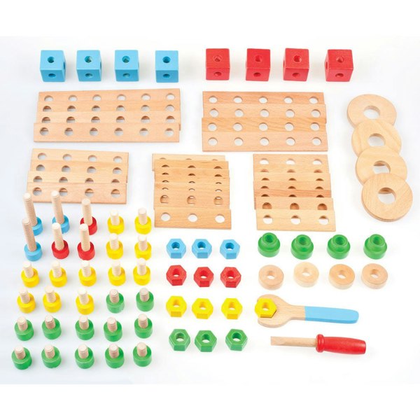 Tidlo Wooden Construction Set Including Tools, Screws, Bolts, Wheels & More - 91 Pieces