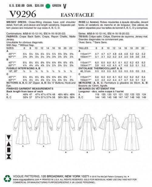 Vogue Sewing Pattern 9296, Dresses for Women, A5 (6-8-10-12-14) - Easy