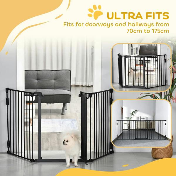 Black metal pet safety gate with wide three-panel enclosure for doorways