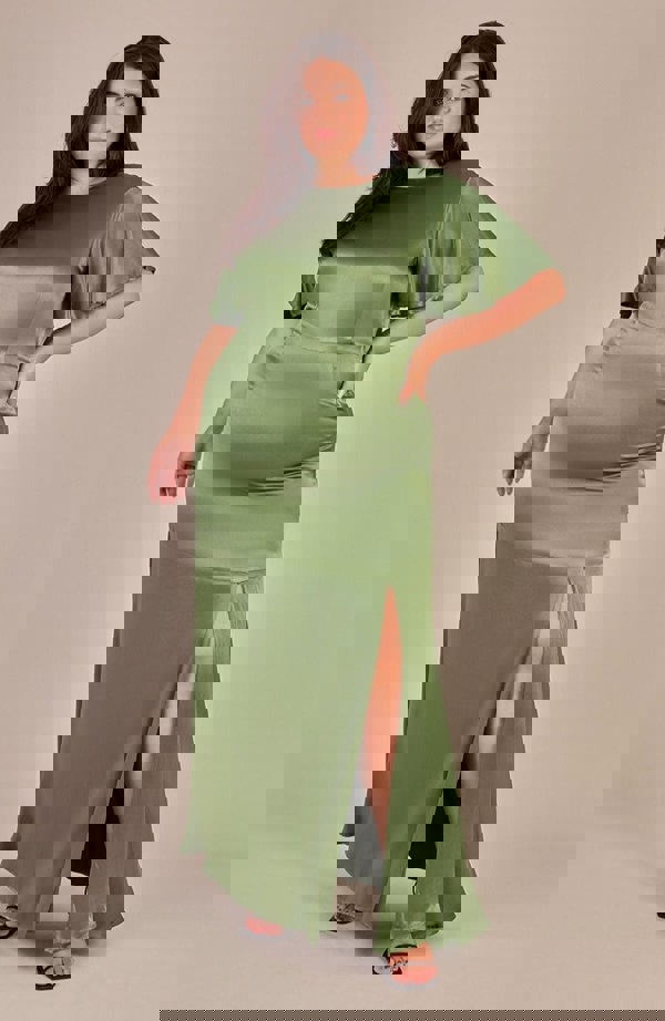 Rewritten London Sienna Dress in Olive Viscose Satin