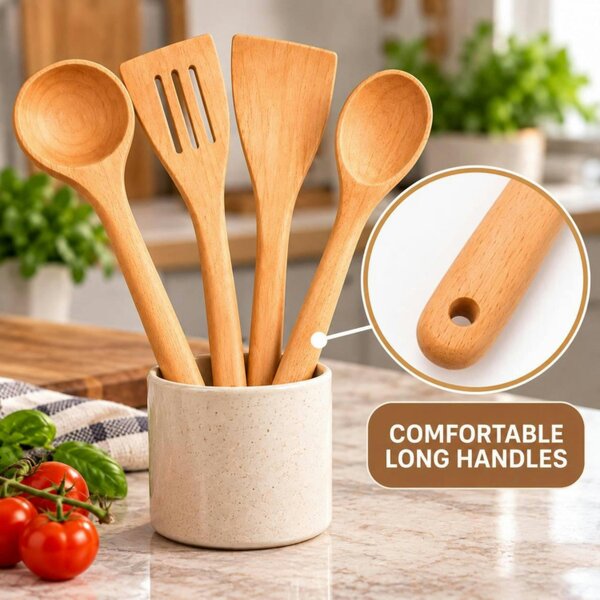 Dyzi 4 Piece Wooden Kitchen Utensil Set Cooking Spoons Spatulas Wood