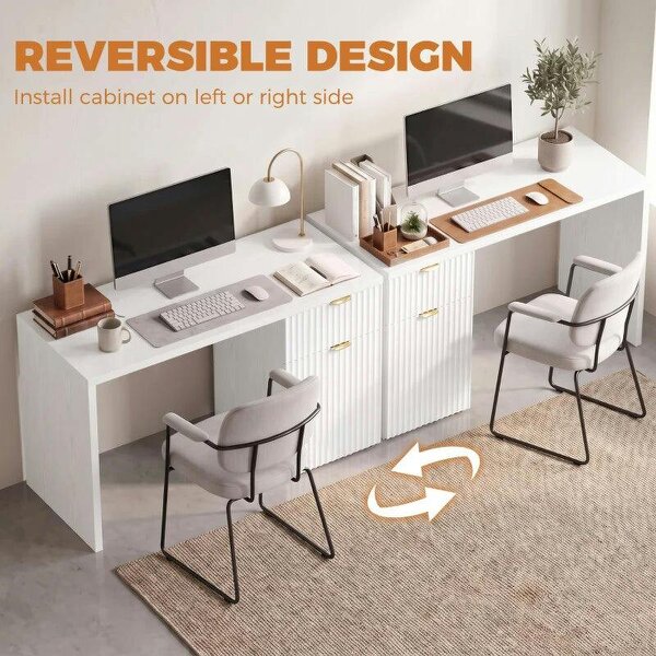 Computer Desk with Drawer, 120 cm Reversible Office Desk, Cabinet, Adjustable Shelf, Thick Top, White
