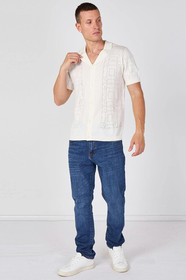 Men's Textured Knitted Button-Through Polo Shirt