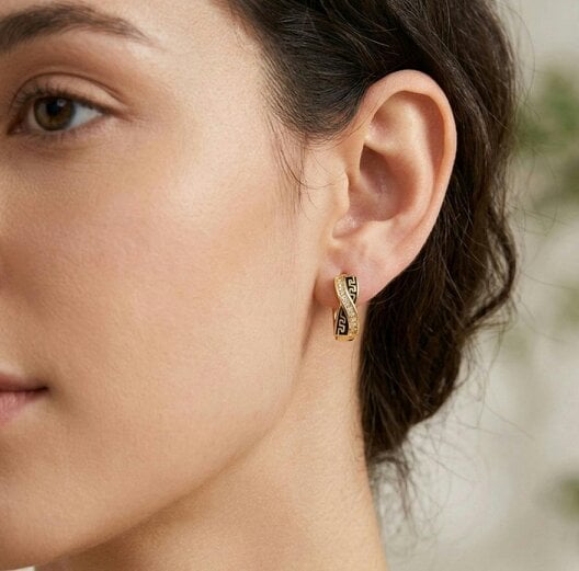 The Colourful Aura Gold Greek Key Crossover Crystal Huggie Hoop Earrings | 1cm Brass Hoops