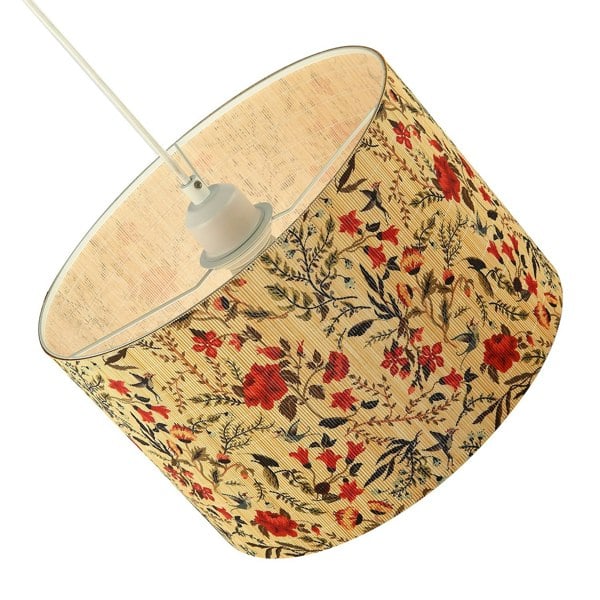 Bird Theme Bamboo Pendant Lamp Shade with Green Leaves and Red Flowers Image 5
