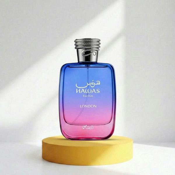 Rasasi Hawas London Eau de Parfum 100ml bottle on stand