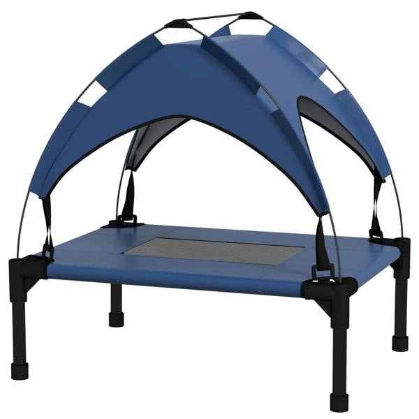 Dark blue raised pet bed with arched canopy and breathable mesh sides on black legs