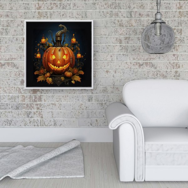 Warren Reed Spooky Pumpkin With Leaves And Small Candles Framed Canvas