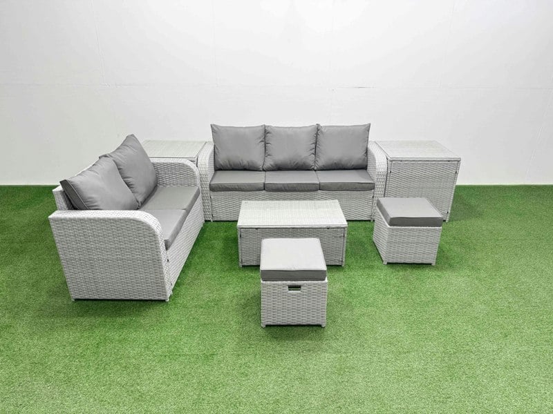 Fimous 7-Seater PE Rattan Wicker Garden Sofa Set - Dark Grey Mixed Patio Conservatory Furniture with Rectangular Coffee Table & 2 Stools
