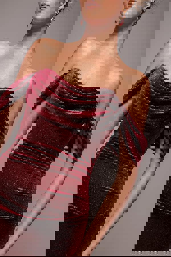 Glitter Velvet Cowl Neck Pleated Waist Maxi Dress - Wine DR5052