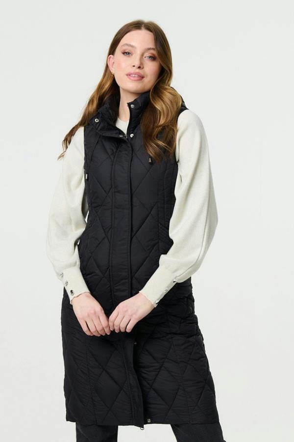 Black | Hooded Sleeveless Longline Puffer Gilet
