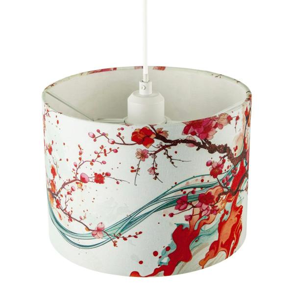 Red Cherry Blossom Watercolour Japanese Themed Fabric Drum Lamp Shade Image 3