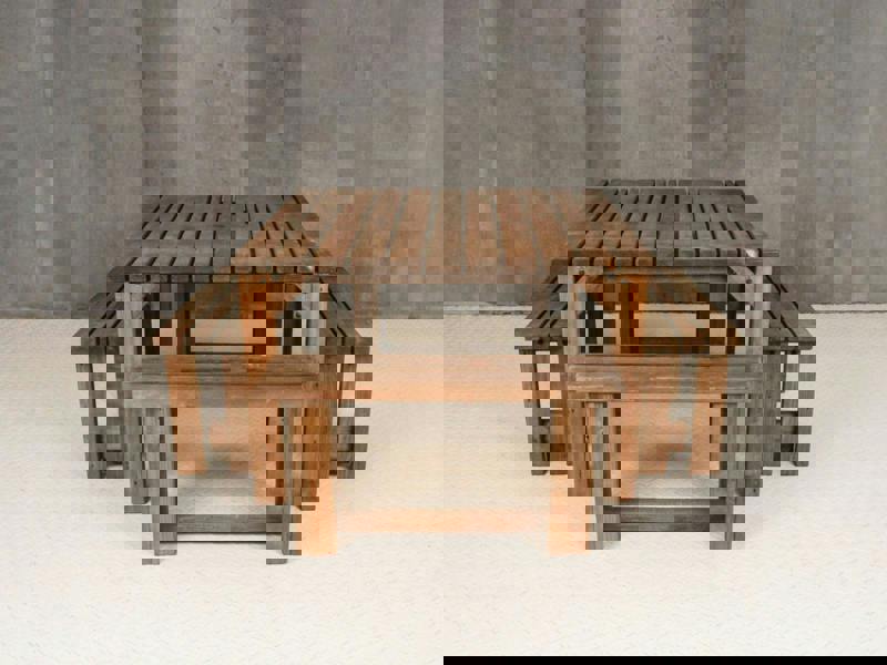 QUADRUM Picnic Table with 4 Benches – Rustic Finish Wooden Outdoor Dining Set for Gardens, Patios, and Picnics