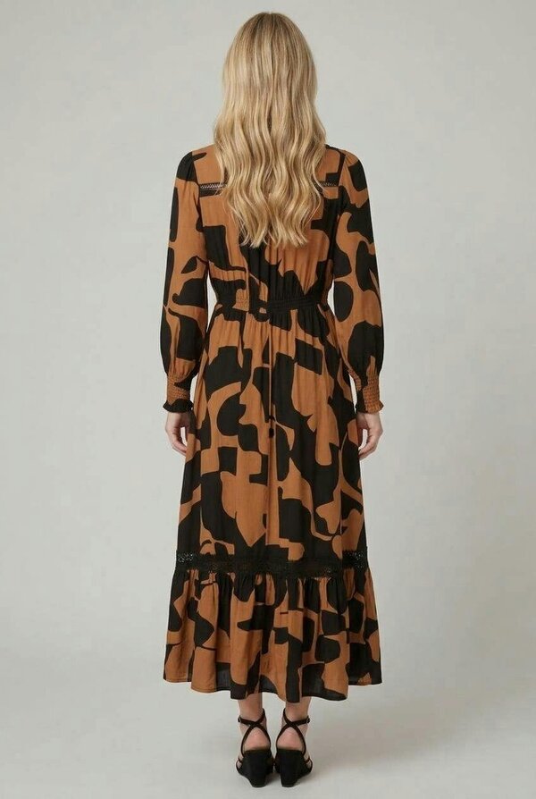 Izabel London Abstract Long Sleeve V-Neck Maxi Dress