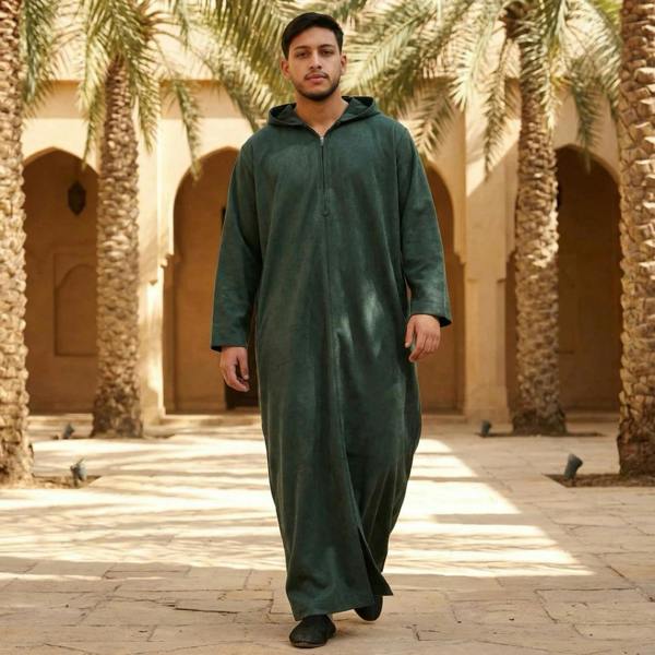HM12 - Men's Hooded Suede Emirati Omani Zipped Thobe - Green - Thobez - 2