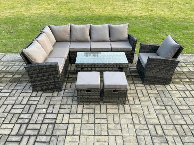 Fimous 9 Seat Rattan Garden Furniture Corner Sofa Set Outdoor Patio Sofa Chair Table Set with 2 Small Footstools Dark Grey Mixed