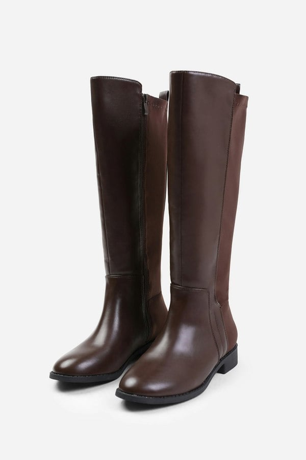 Where's That From Parker Stretch Wide Calf Knee High Boots With Side Zip In Wide E Fit In Dark Brown Faux Leather