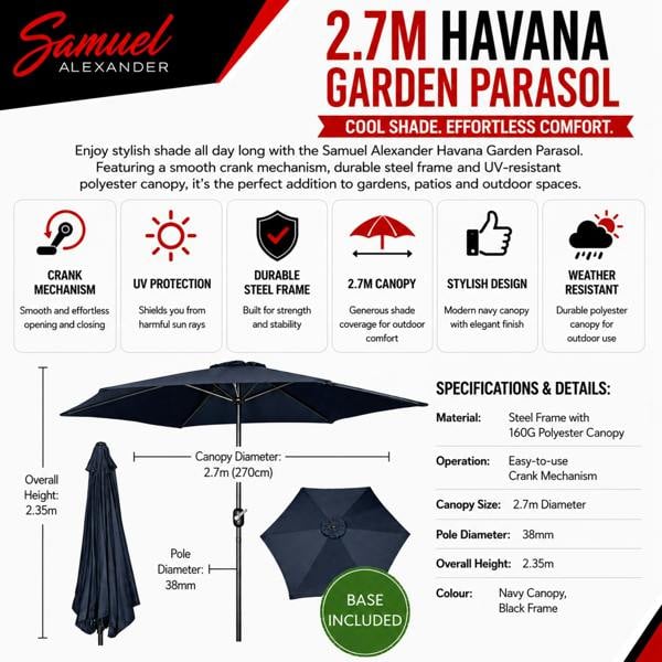 Samuel Alexander 2.7m Havana Garden Patio Parasol with Crank Handle in Blue with 9kg Base Included